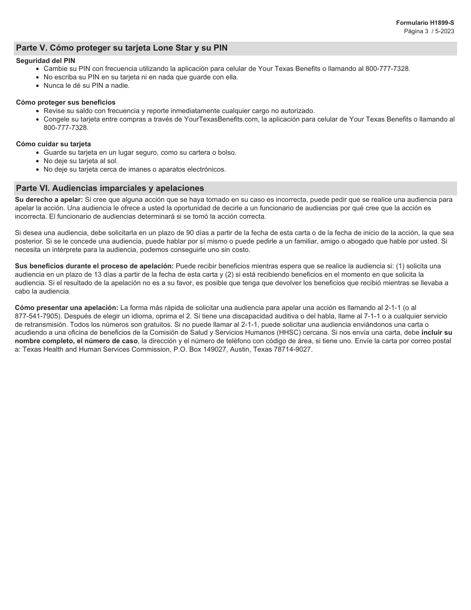 Formulario H1899-S Aviso De Elegibilidad Para La Reposicion De Beneficios Por El Uso No Autorizado - Texas (Spanish), Page 3
