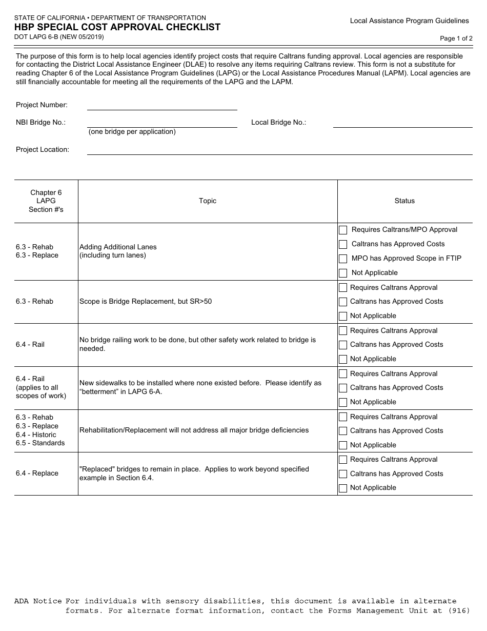Form DOT LAPG6-B Hbp Special Cost Approval Checklist - California, Page 1