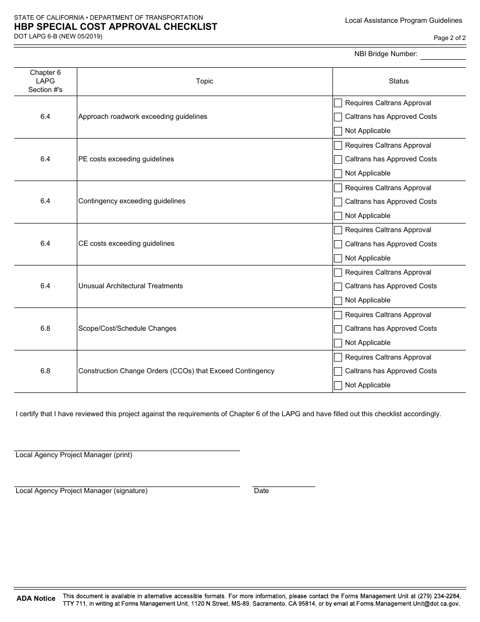 Form DOT LAPG6-B Hbp Special Cost Approval Checklist - California, Page 2