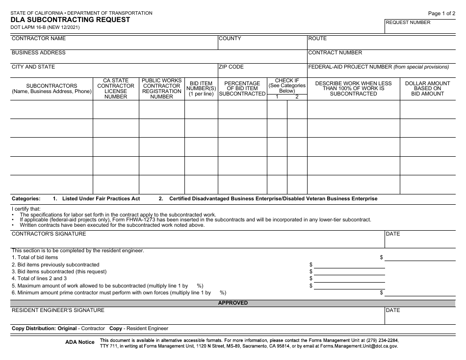 Form DOT LAPM16-B Dla Subcontracting Request - California, Page 1