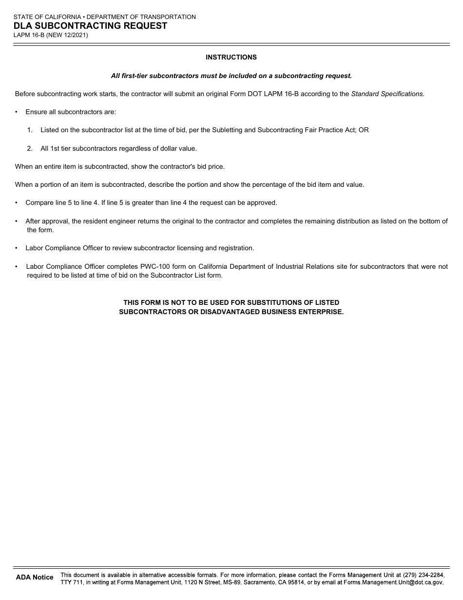 Form DOT LAPM16-B Dla Subcontracting Request - California, Page 2