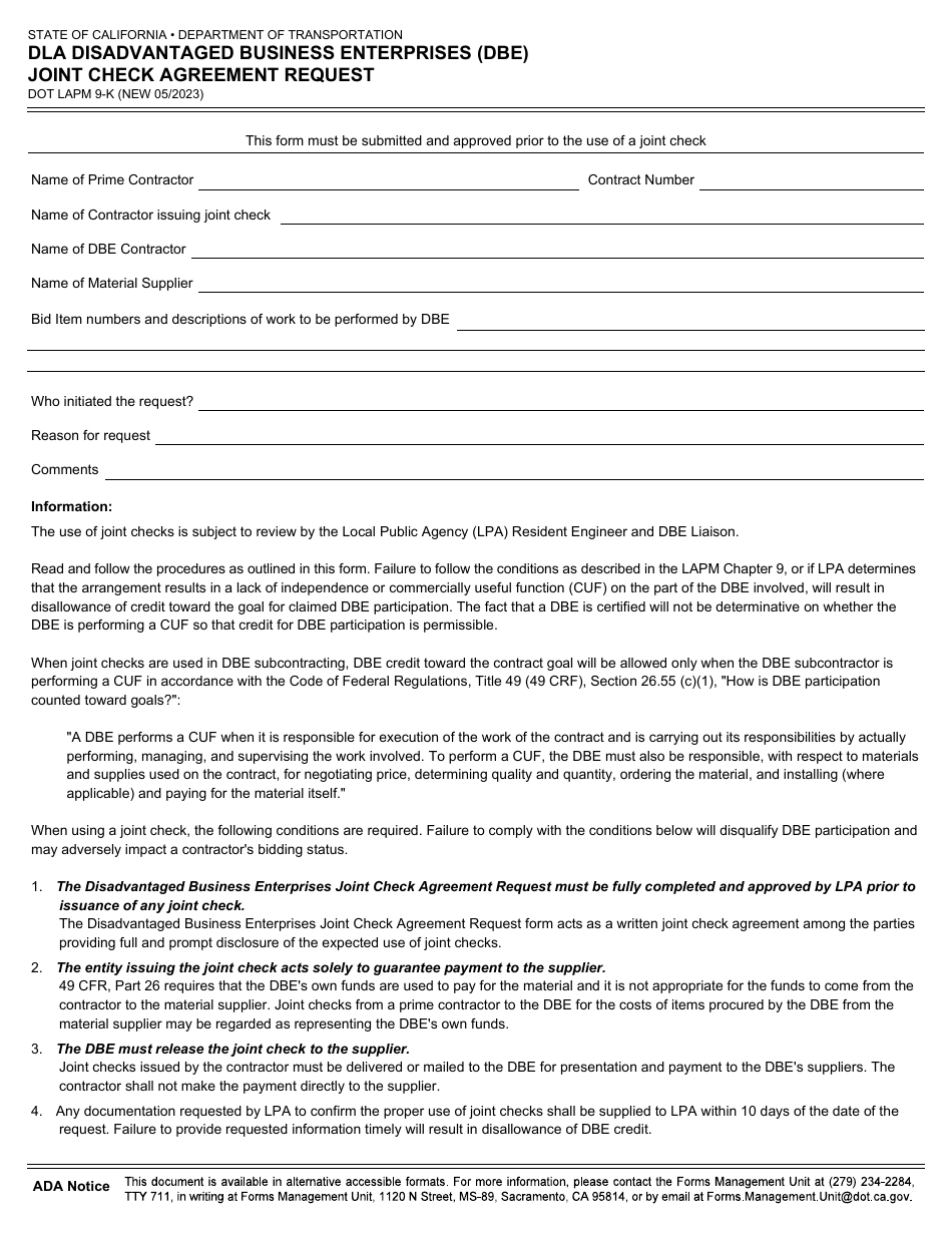 Form DOT LAPM9-K Dla Disadvantaged Business Enterprises (Dbe) Joint Check Agreement Request - California, Page 1