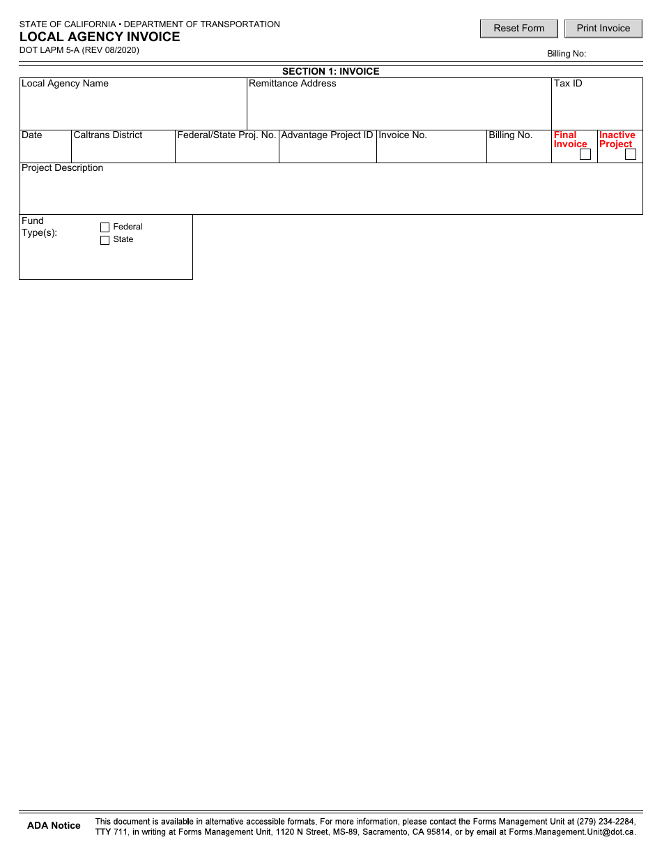 Form DOT LAPM5-A Local Agency Invoice - California, Page 1