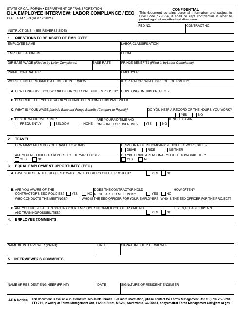 Form DOT LAPM16-N Dla Employee Interview: Labor Compliance/Eeo - California