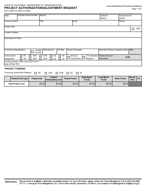 Form DOT LAPM3-A Project Authorization/Adjustment Request - California