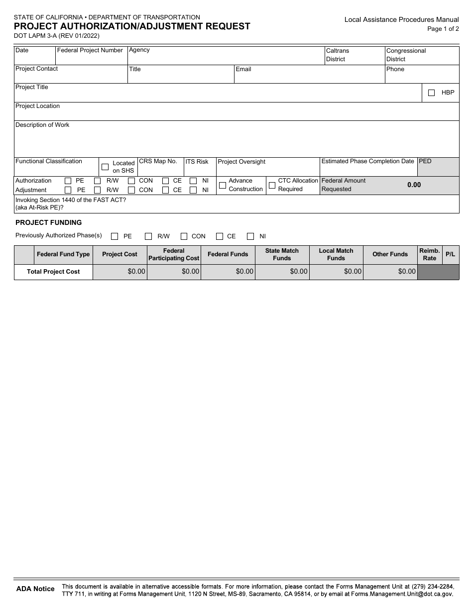 Form DOT LAPM3-A Project Authorization / Adjustment Request - California, Page 1