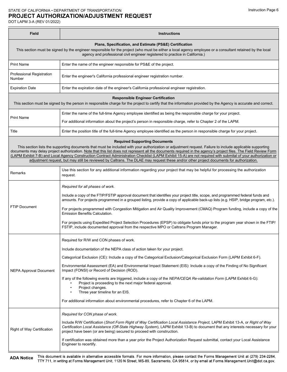 Form DOT LAPM3-A Project Authorization / Adjustment Request - California, Page 8