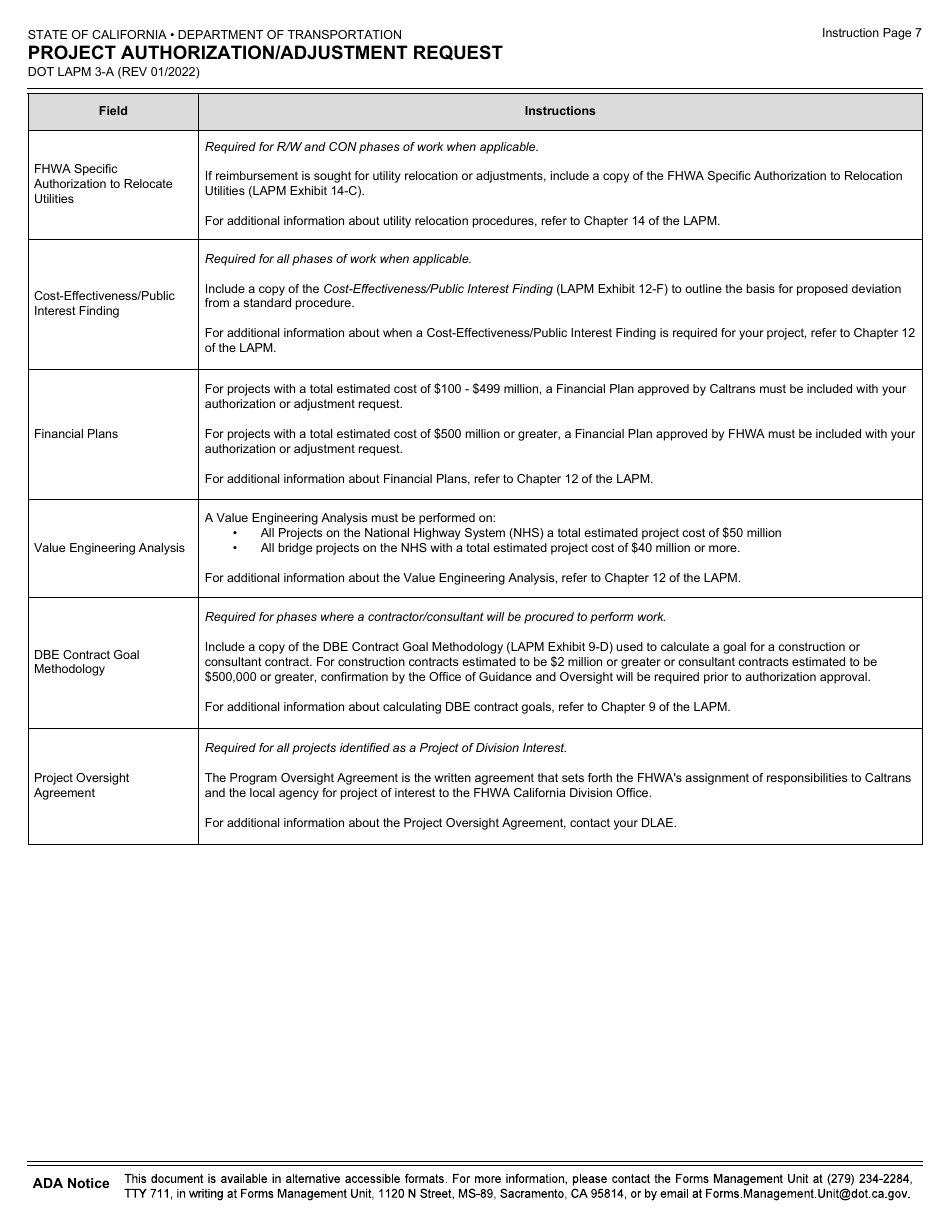 Form DOT LAPM3-A Project Authorization / Adjustment Request - California, Page 9