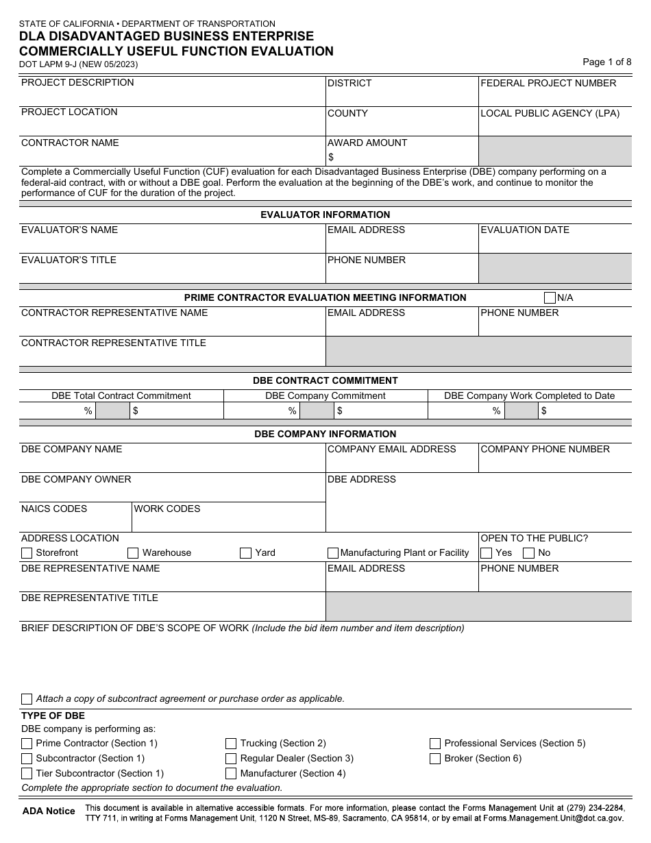 Form DOT LAPM9-J Dla Disadvantaged Business Enterprise Commercially Useful Function Evaluation - California, Page 1
