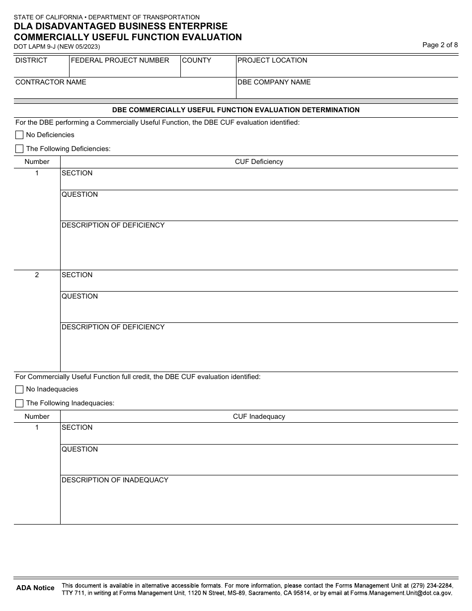 Form DOT LAPM9-J Dla Disadvantaged Business Enterprise Commercially Useful Function Evaluation - California, Page 2