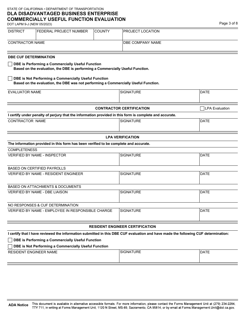 Form DOT LAPM9-J Dla Disadvantaged Business Enterprise Commercially Useful Function Evaluation - California, Page 3