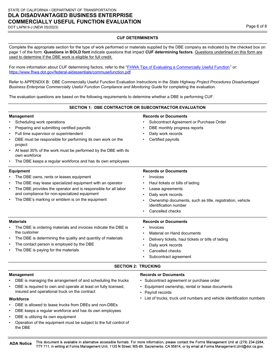 Form DOT LAPM9-J Dla Disadvantaged Business Enterprise Commercially Useful Function Evaluation - California, Page 6