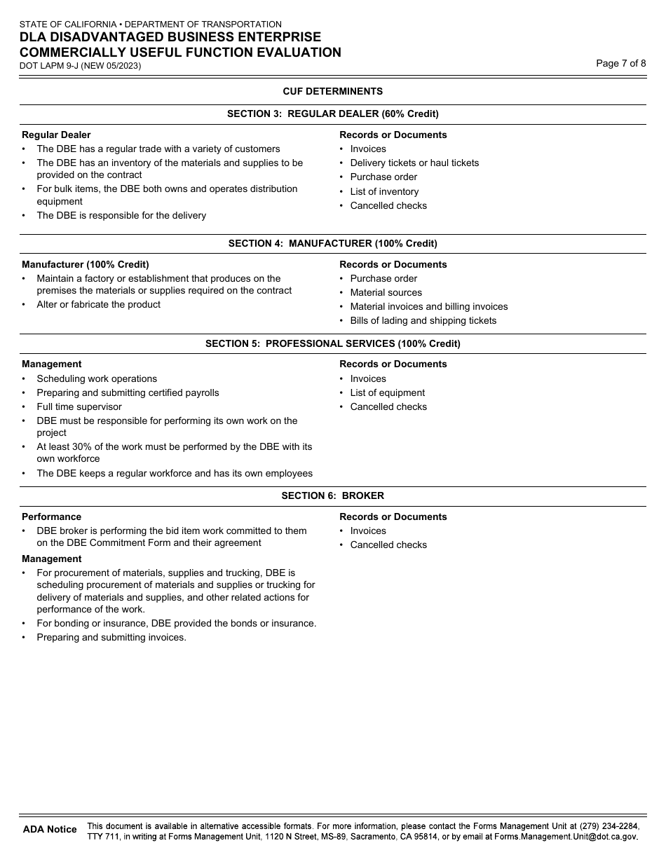 Form DOT LAPM9-J Dla Disadvantaged Business Enterprise Commercially Useful Function Evaluation - California, Page 7