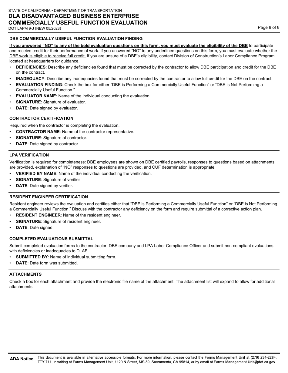 Form DOT LAPM9-J Dla Disadvantaged Business Enterprise Commercially Useful Function Evaluation - California, Page 8
