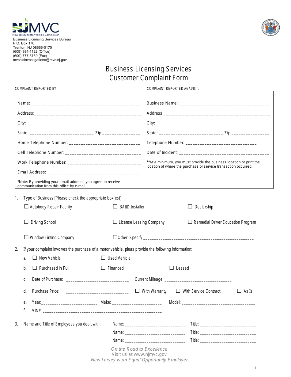 Form BLS-161 Business Licensing Services Customer Complaint Form - New Jersey, Page 1