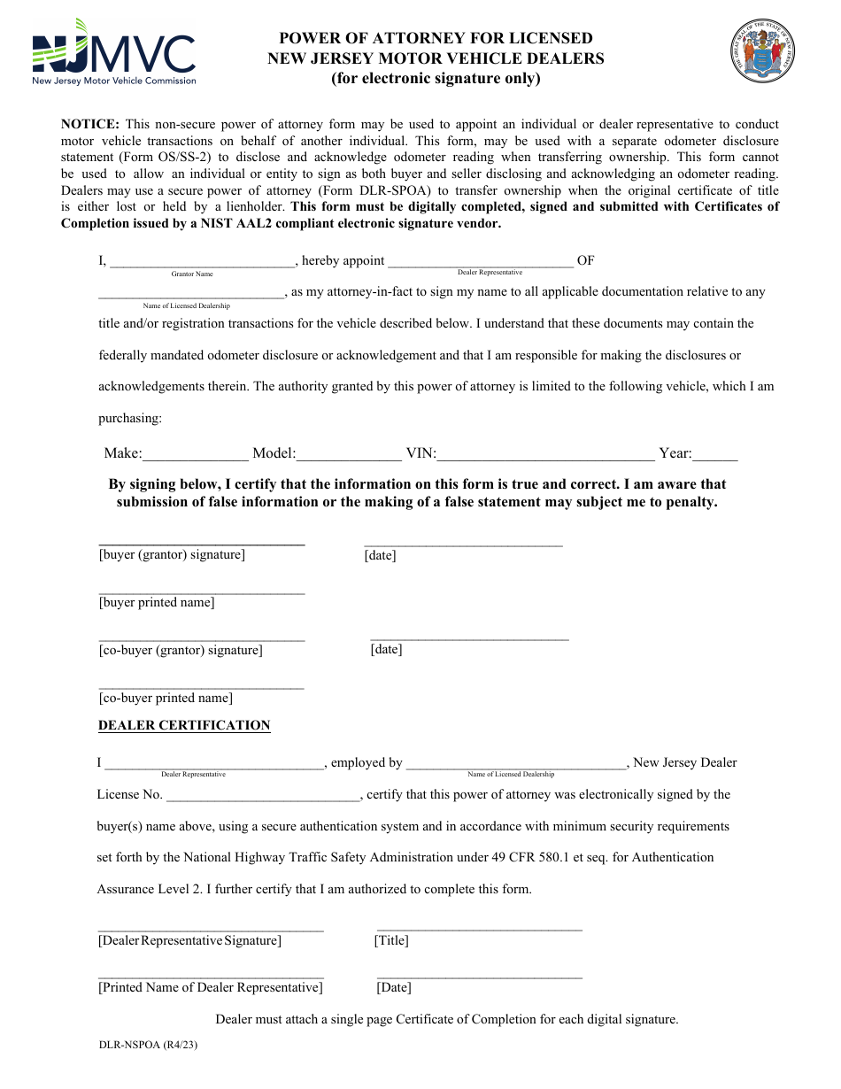 Form DLR-NSPOA Power of Attorney for Licensed New Jersey Motor Vehicle Dealers (For Electronic Signature Only) - New Jersey, Page 1