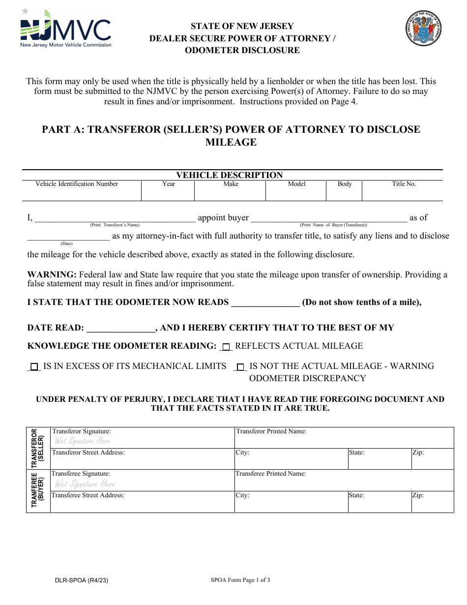 Form DLR-SPOA Dealer Secure Power of Attorney / Odometer Disclosure - New Jersey, Page 1