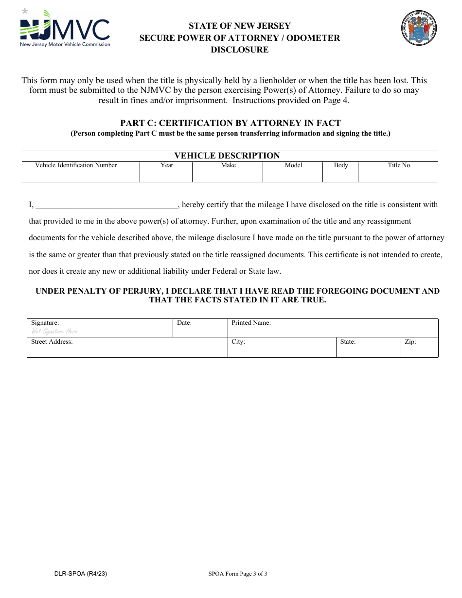 Form DLR-SPOA Dealer Secure Power of Attorney / Odometer Disclosure - New Jersey, Page 3