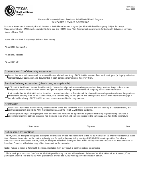 Form 8207 Telehealth Services Attestation - Adult Mental Health Program - Texas