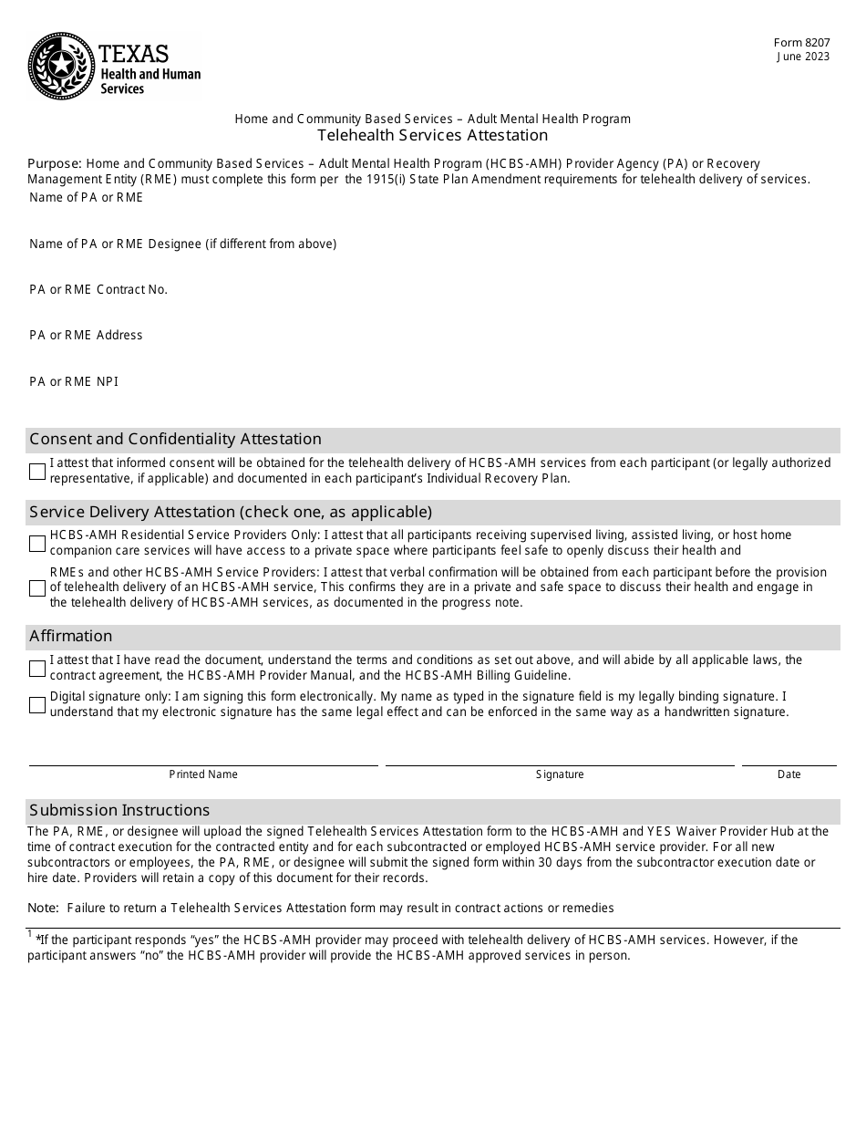 Form 8207 Telehealth Services Attestation - Adult Mental Health Program - Texas, Page 1