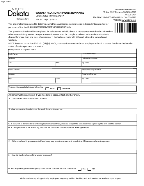 Form SFN50724 Worker Relationship Questionnaire - North Dakota
