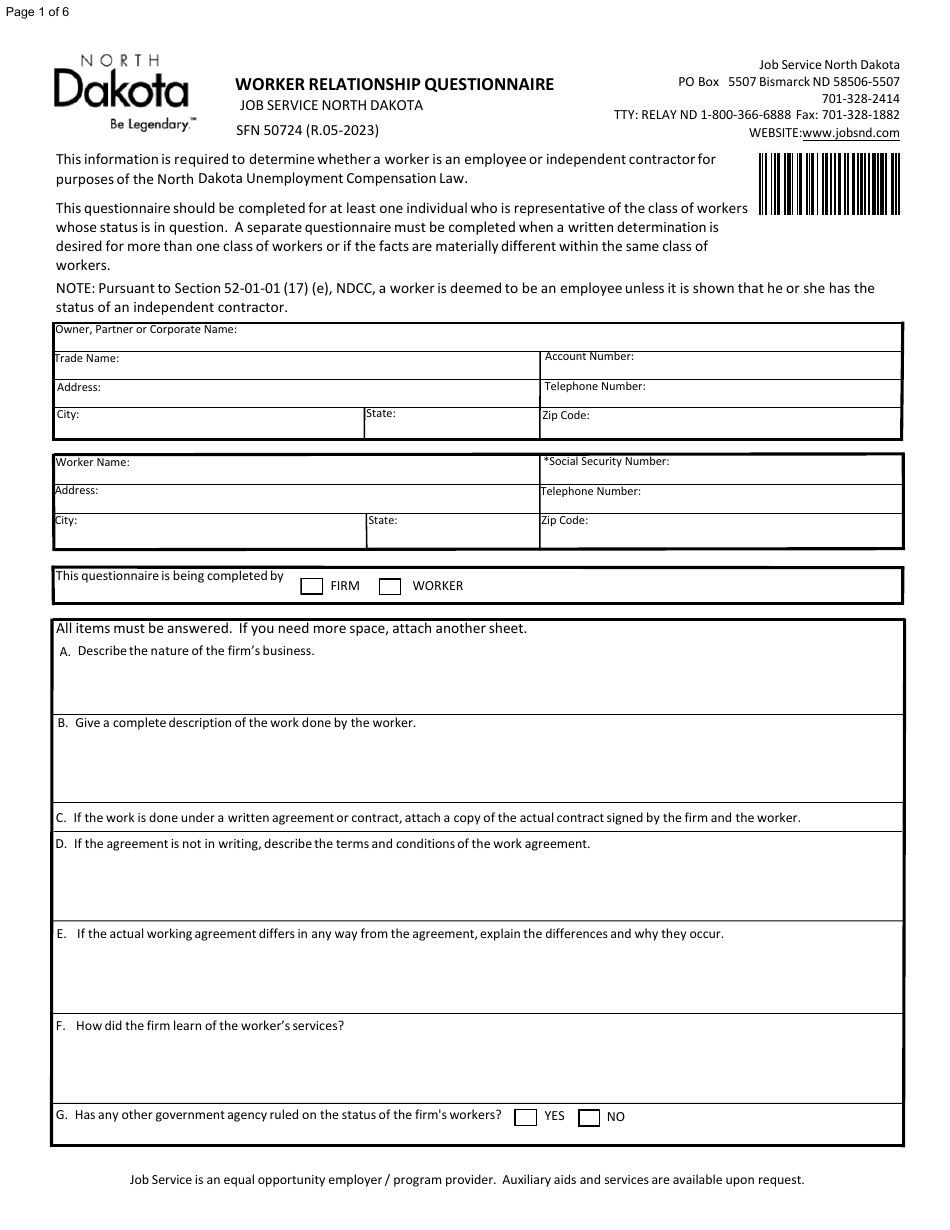 Form SFN50724 Worker Relationship Questionnaire - North Dakota, Page 1