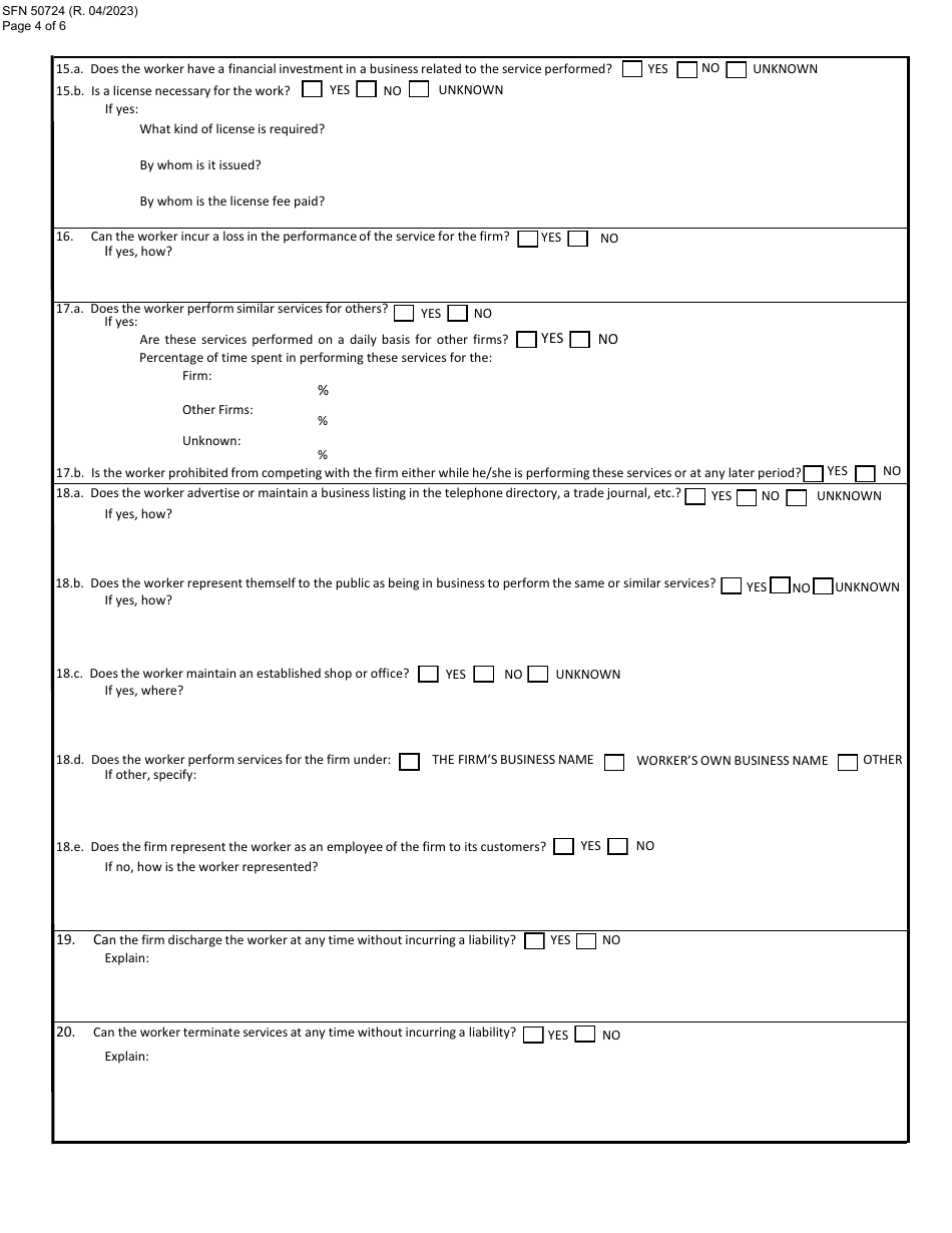 Form SFN50724 Worker Relationship Questionnaire - North Dakota, Page 4