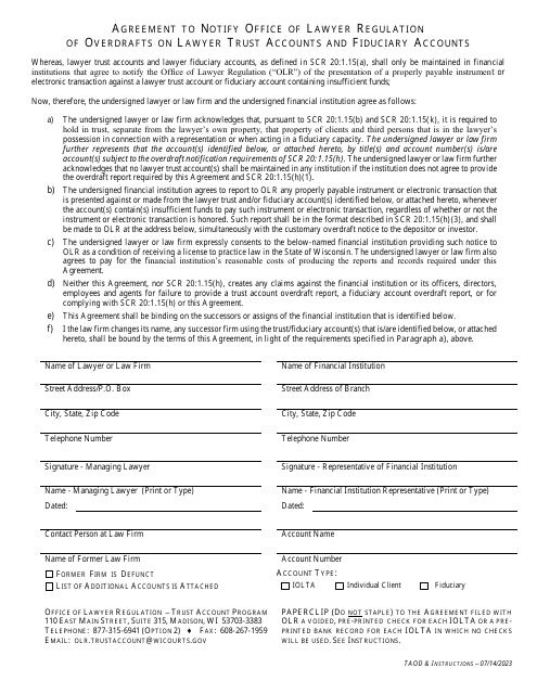 Agreement to Notify Office of Lawyer Regulation of Overdrafts on Lawyer Trust Accounts and Fiduciary Accounts - Wisconsin Download Pdf