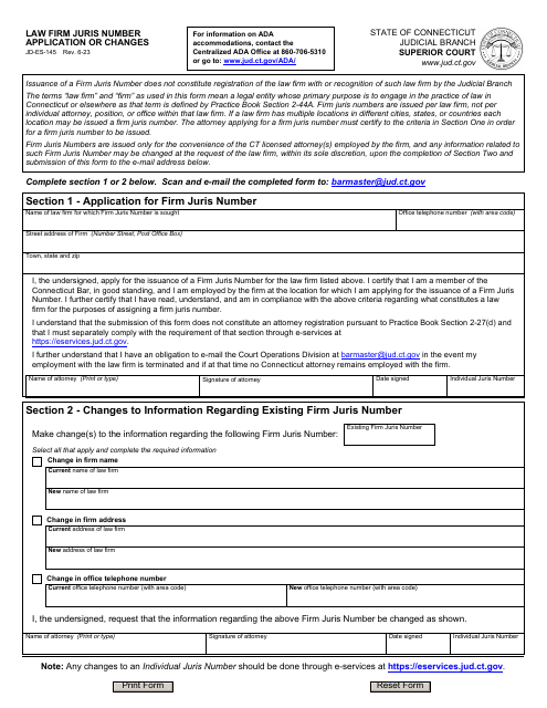 Form JD-ES-145 Law Firm Juris Number Application or Changes - Connecticut