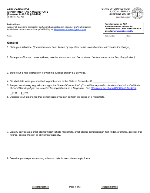 Form JD-ES-268 Application for Appointment as a Magistrate (Pursuant to C.g.s. 51-193l) - Connecticut