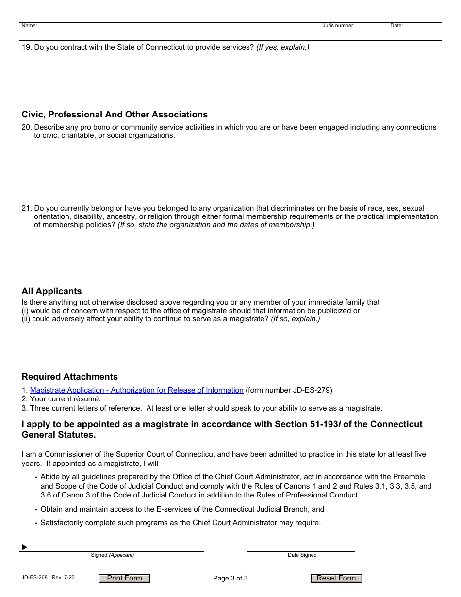 Form JD-ES-268 Application for Appointment as a Magistrate (Pursuant to C.g.s. 51-193l) - Connecticut, Page 3