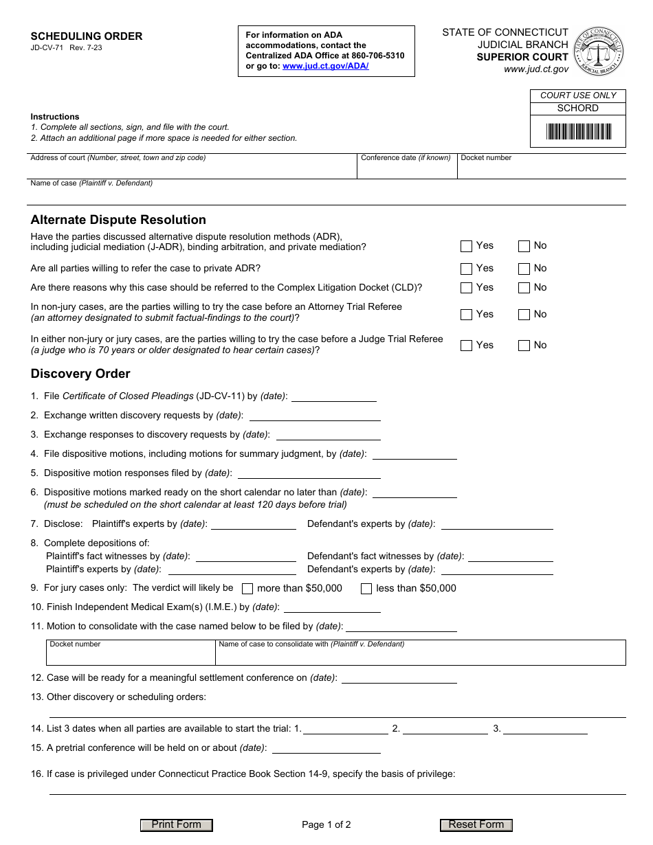 Form JD-CV-71 Scheduling Order - Connecticut, Page 1