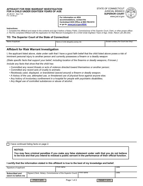 Form JD-JM-221 Affidavit for Risk Warrant Investigation for a Child Under Eighteen Years of Age - Connecticut