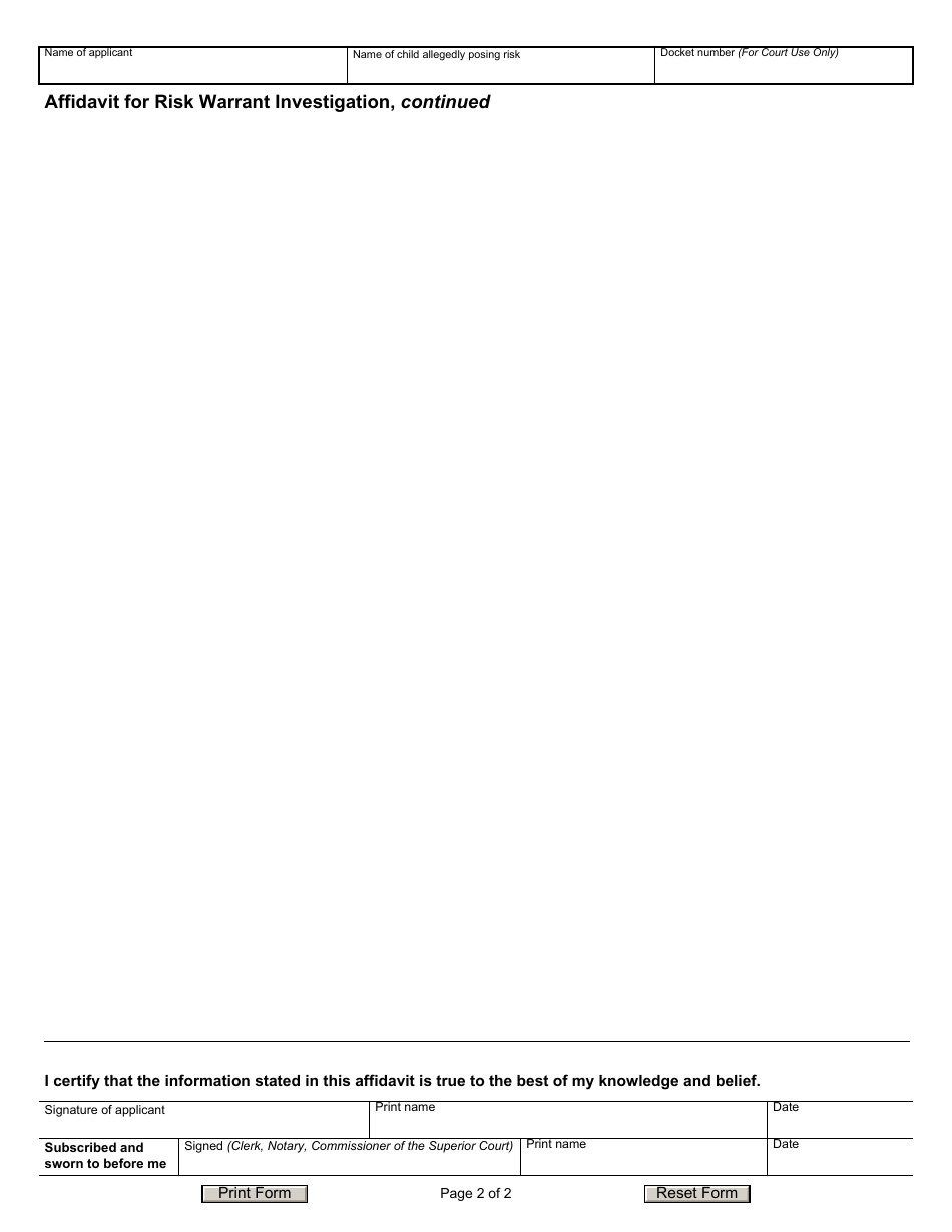 Form JD-JM-221 Affidavit for Risk Warrant Investigation for a Child Under Eighteen Years of Age - Connecticut, Page 2