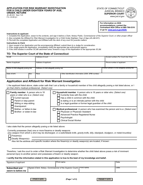 Form JD-JM-220 Application for Risk Warrant Investigation for a Child Under Eighteen Years of Age, Order, Return - Connecticut