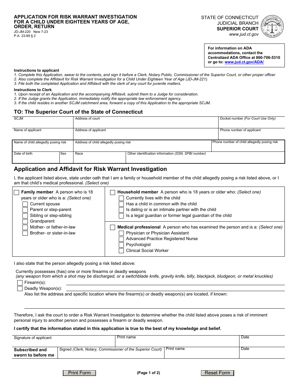 Form JD-JM-220 Application for Risk Warrant Investigation for a Child Under Eighteen Years of Age, Order, Return - Connecticut, Page 1