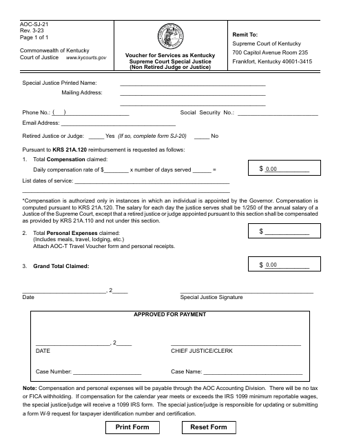 Form AOC-SJ-21 Voucher for Services as Kentucky Supreme Court Special Justice (Non Retired Judge or Justice) - Kentucky