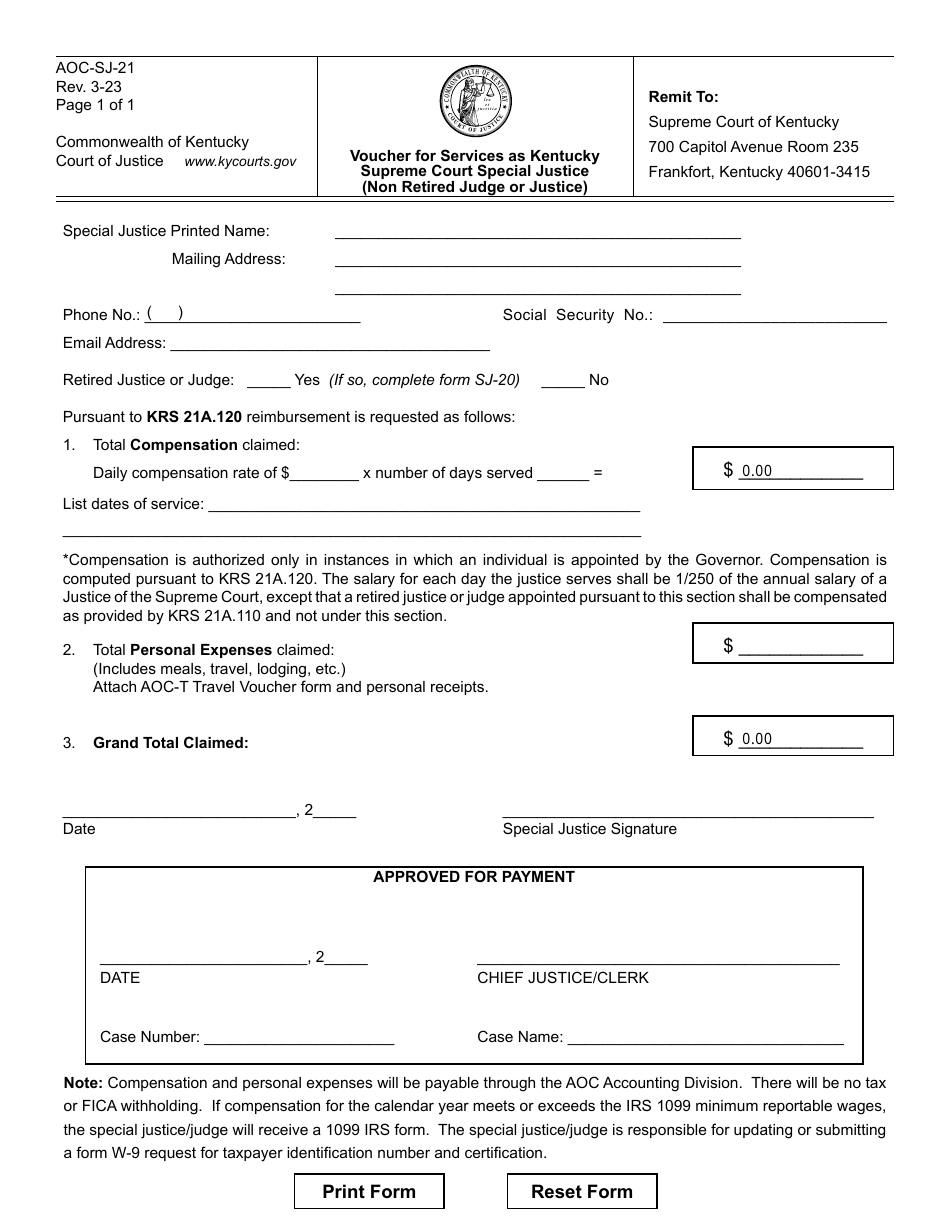 Form AOC-SJ-21 Voucher for Services as Kentucky Supreme Court Special Justice (Non Retired Judge or Justice) - Kentucky, Page 1