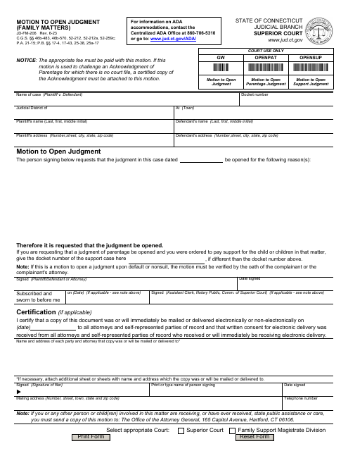 Form JD-FM-206 Motion to Open Judgment (Family Matters) - Connecticut