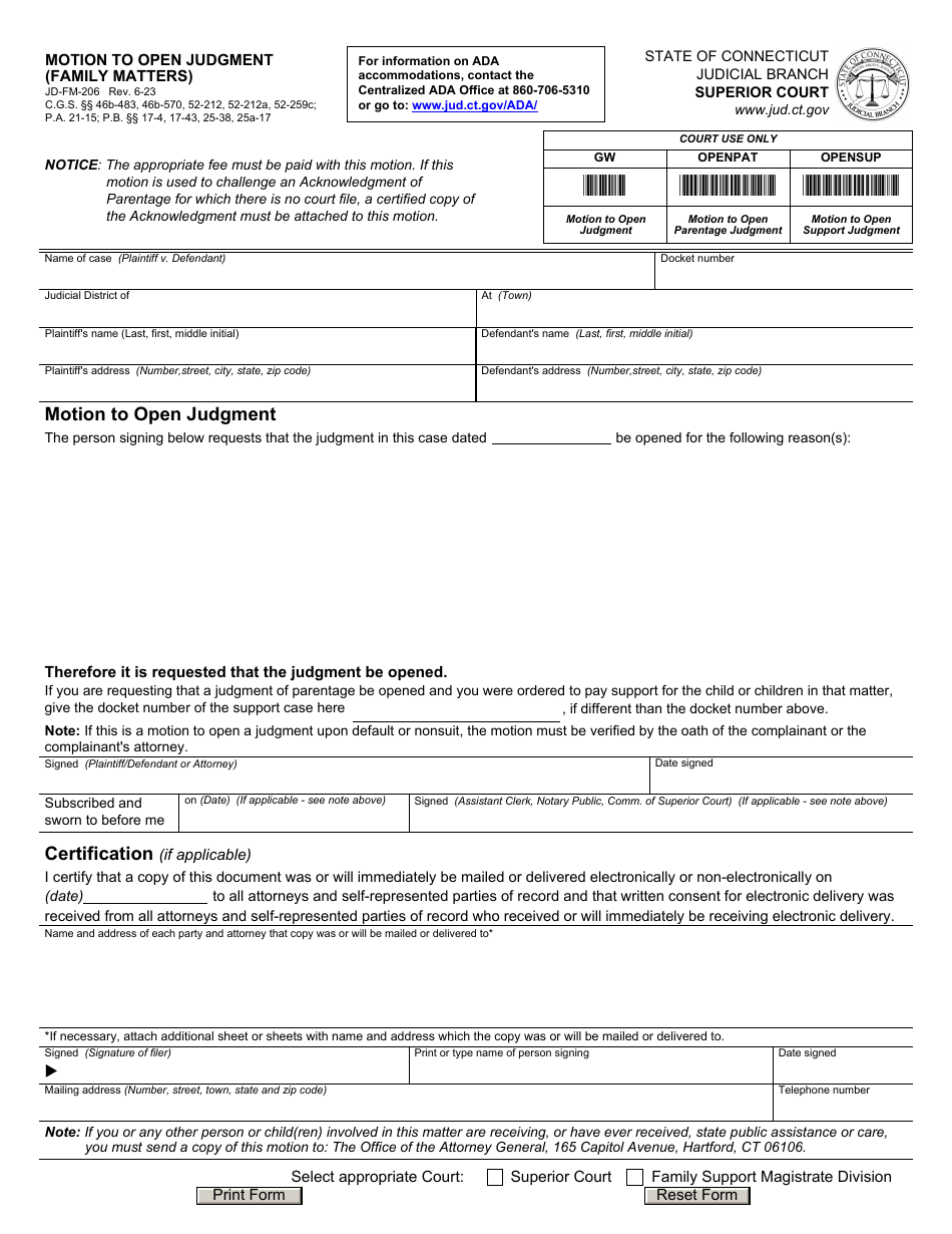 Form JD-FM-206 Motion to Open Judgment (Family Matters) - Connecticut, Page 1