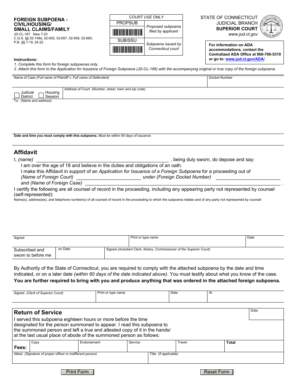 Form JD-CL-167 Foreign Subpoena - Civil / Housing / Small Claims / Family - Connecticut, Page 1