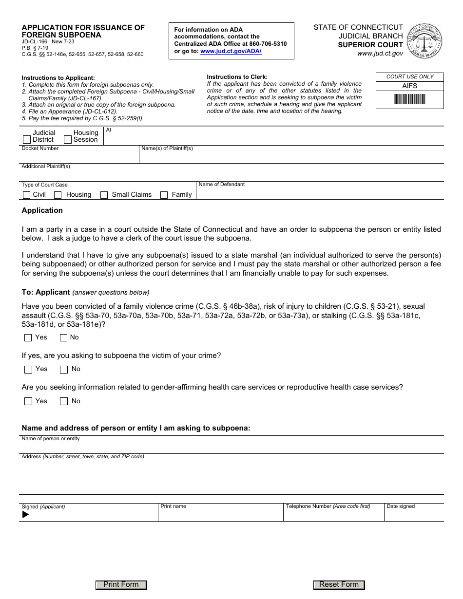 Form JD-CL-166 Application for Issuance of Foreign Subpoena - Connecticut, Page 1