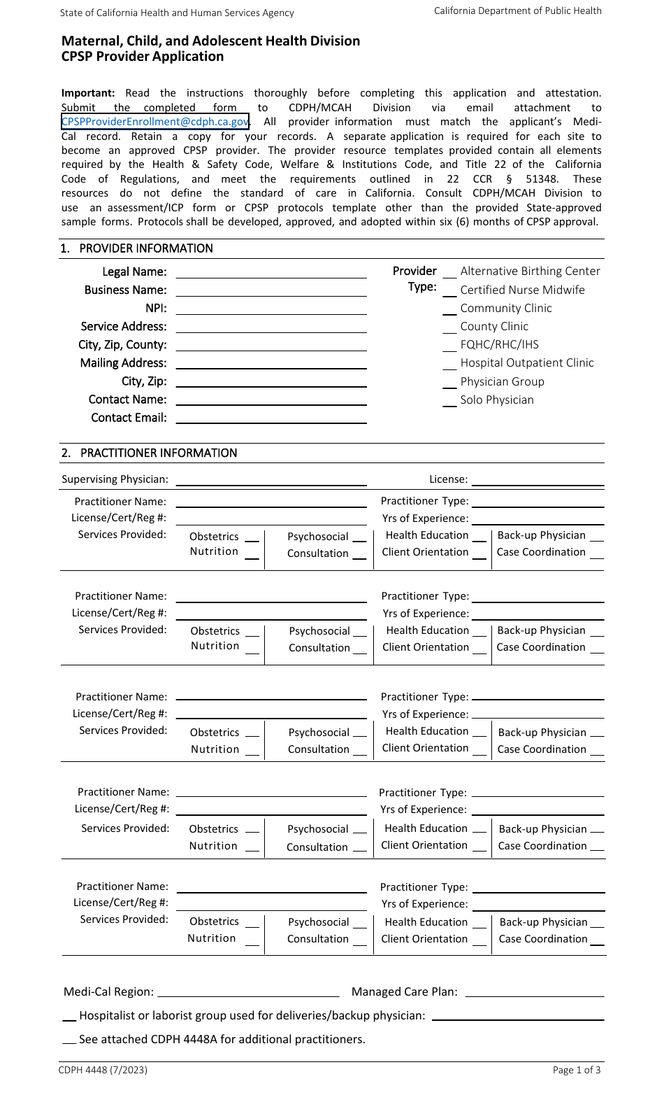 Form CDPH4448 Cpsp Provider Application - California, Page 1