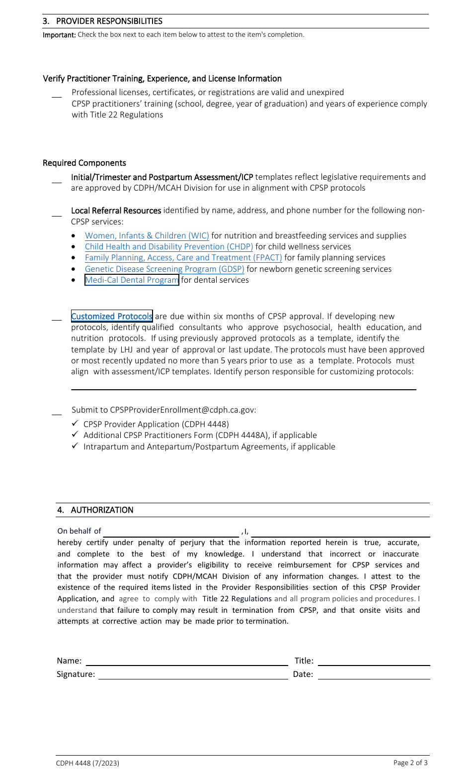 Form CDPH4448 Cpsp Provider Application - California, Page 2