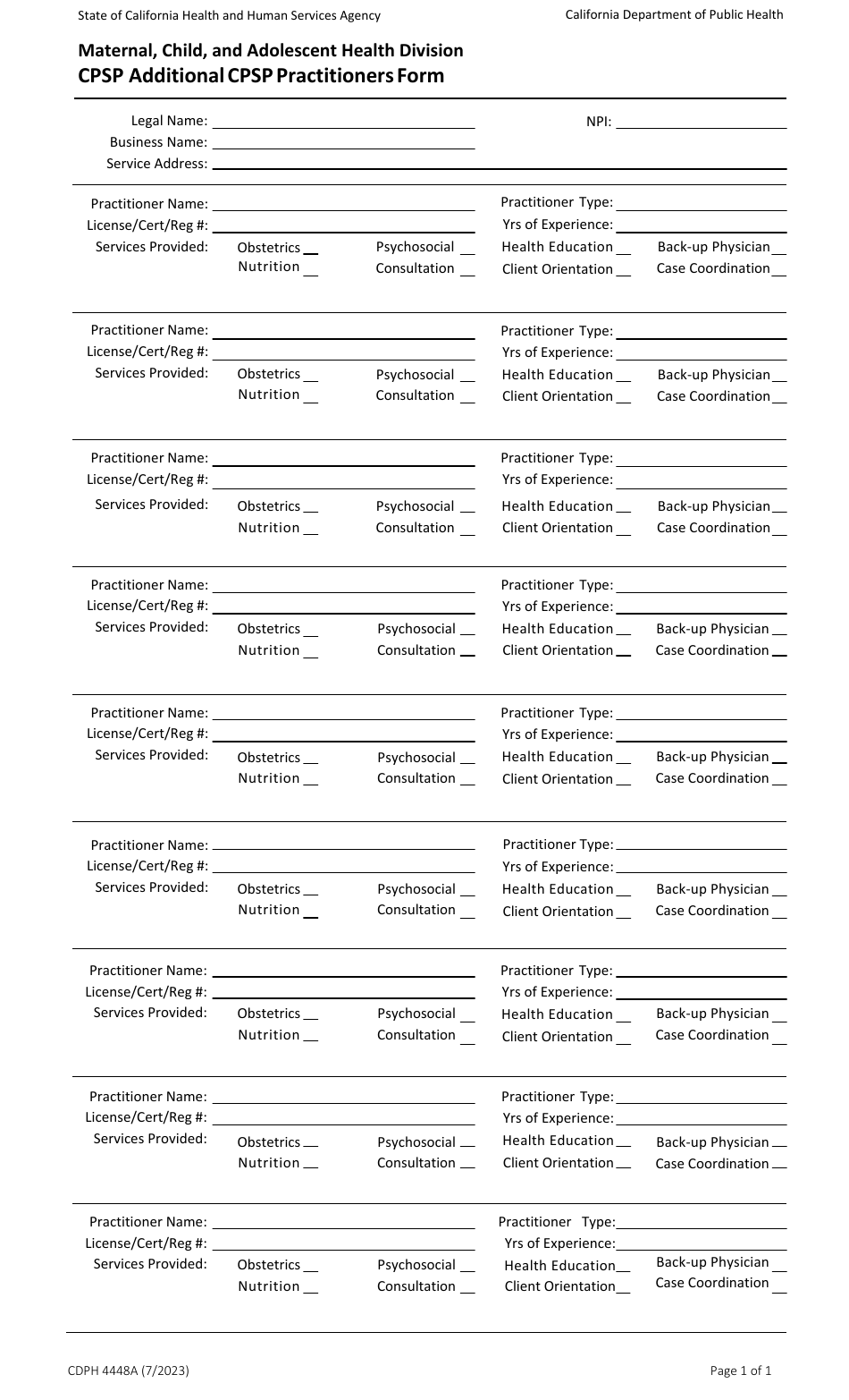 Form CDPH4448A Cpsp Additional Cpsp Practitioners Form - California, Page 1