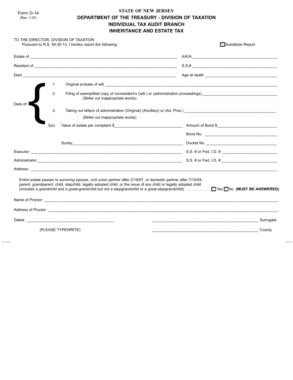 Form O-14 Resident Decedent Notification From County Surrogate (Surrogates Use Only) - New Jersey, Page 1