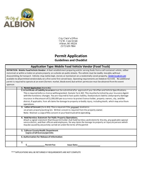 Mobile Food Vehicle Vendor (Food Truck) Permit Application - City of Albion, Michigan Download Pdf