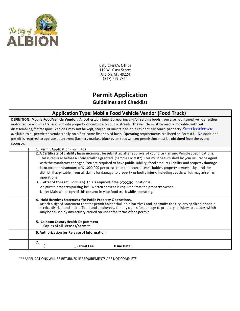 Mobile Food Vehicle Vendor (Food Truck) Permit Application - City of Albion, Michigan, Page 1