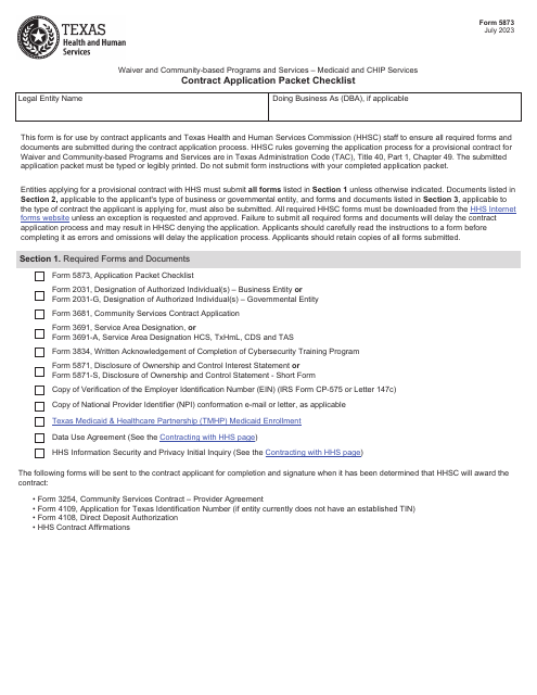 Form 5873 Contract Application Packet Checklist - Waiver and Community-Based Programs and Services - Medicaid and Chip Services - Texas
