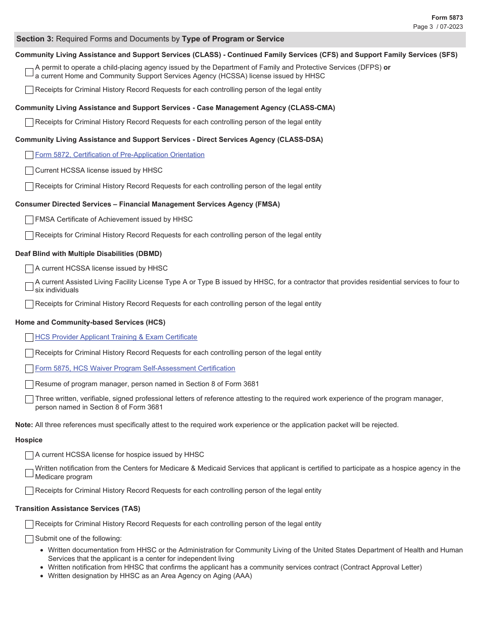 Form 5873 Contract Application Packet Checklist - Waiver and Community-Based Programs and Services - Medicaid and Chip Services - Texas, Page 3